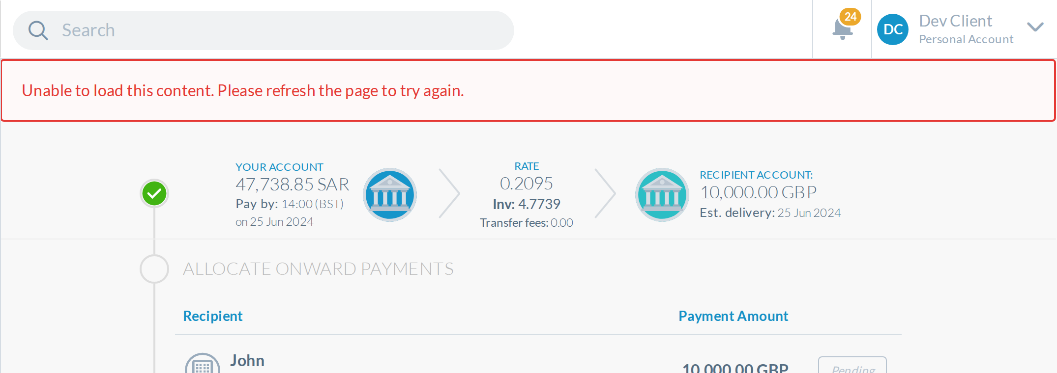 With the PR: transfer B under a stale Unable to load banner.